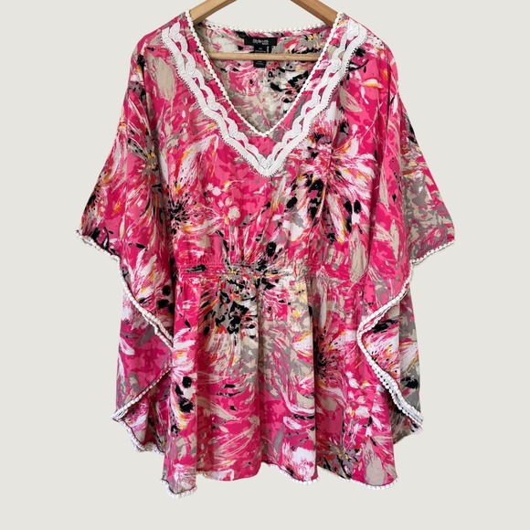 Style & Co. Tops - Style & Co Woman Pink Floral Cotton Kaftan Top 3X Crochet Lace Trim Boho Blouse